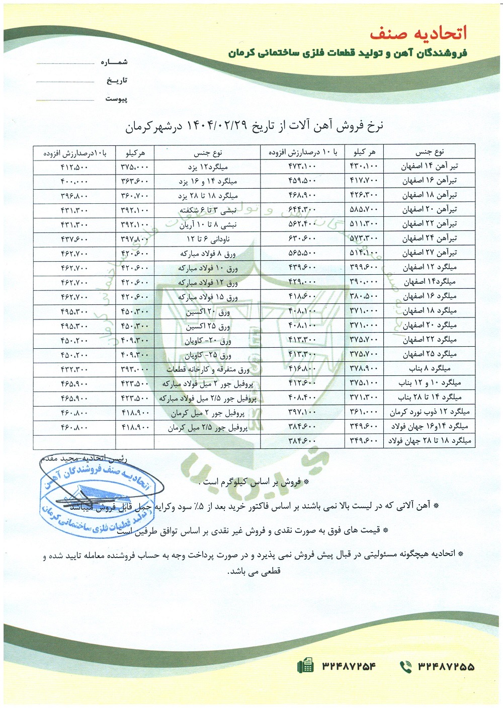 نرخنامه مورخه1404/02/29