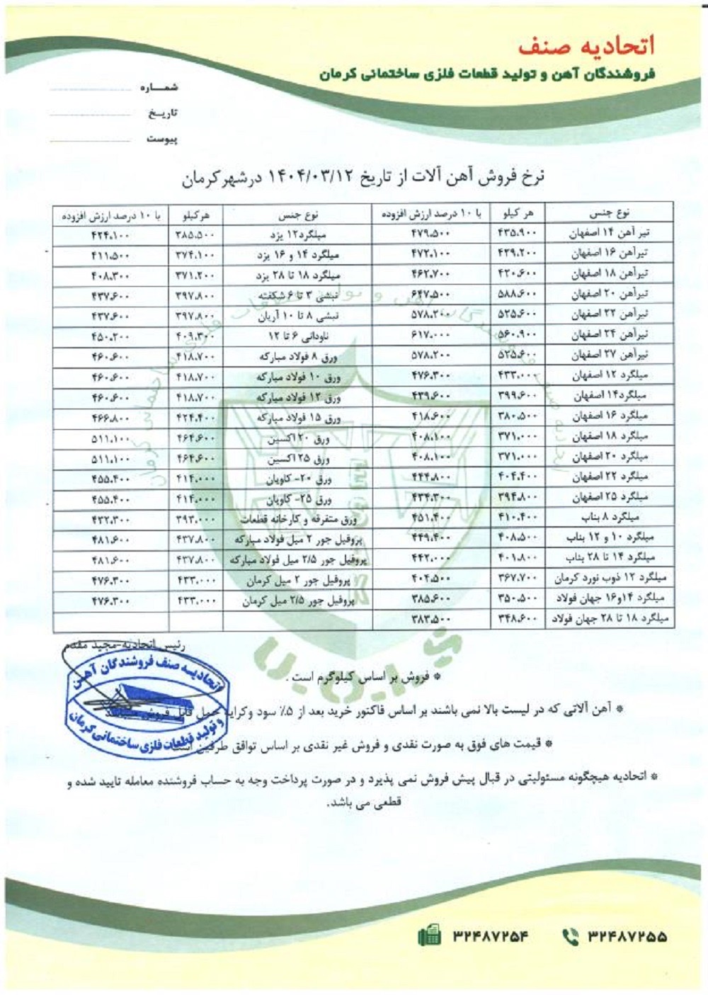 نرخنامه مورخه1404/03/12