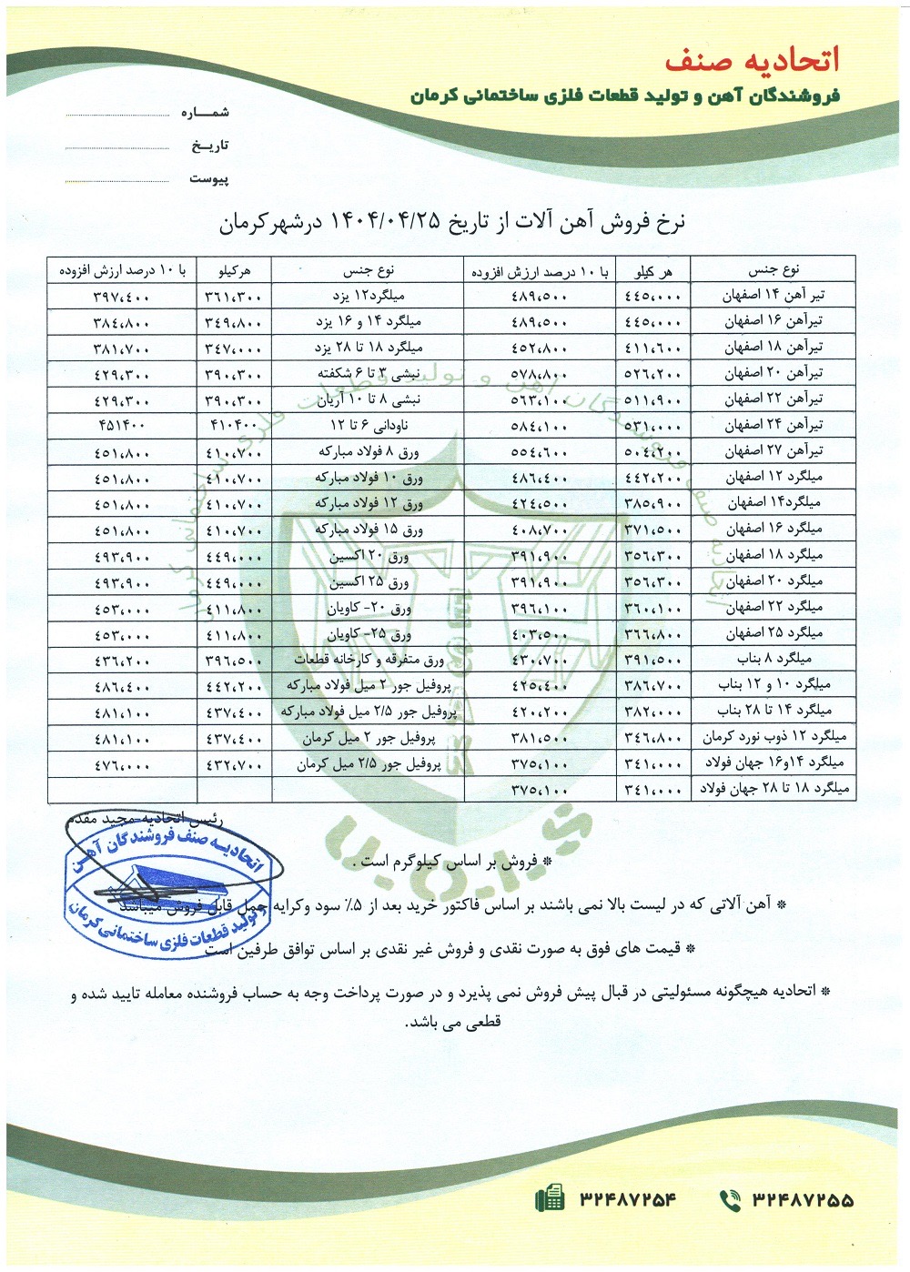 نرخنامه مورخه1404/04/25