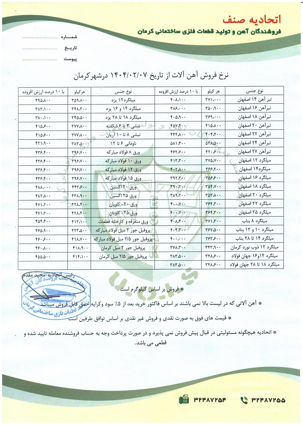 نرخنامه مورخه1403/02/07