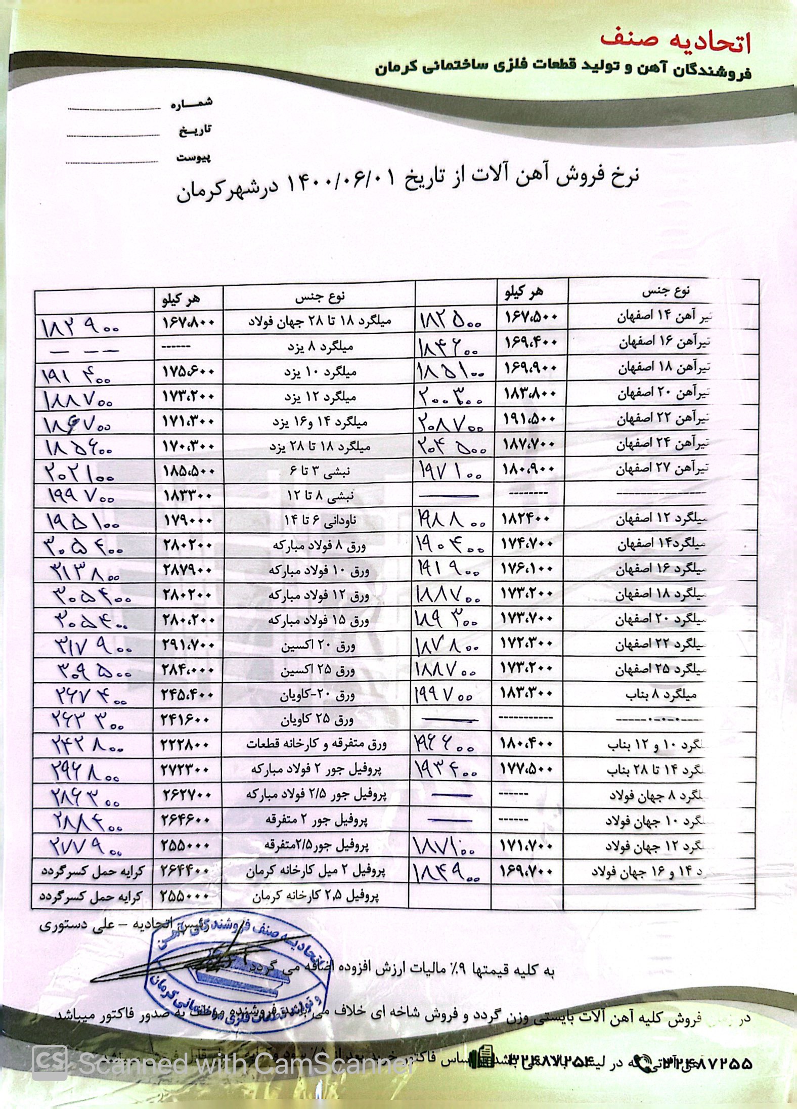 نرخنامه1400/06/01