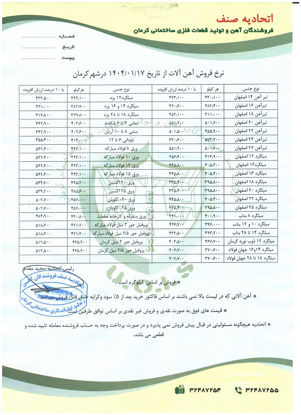 نرخنامه مورخه1404/01/17