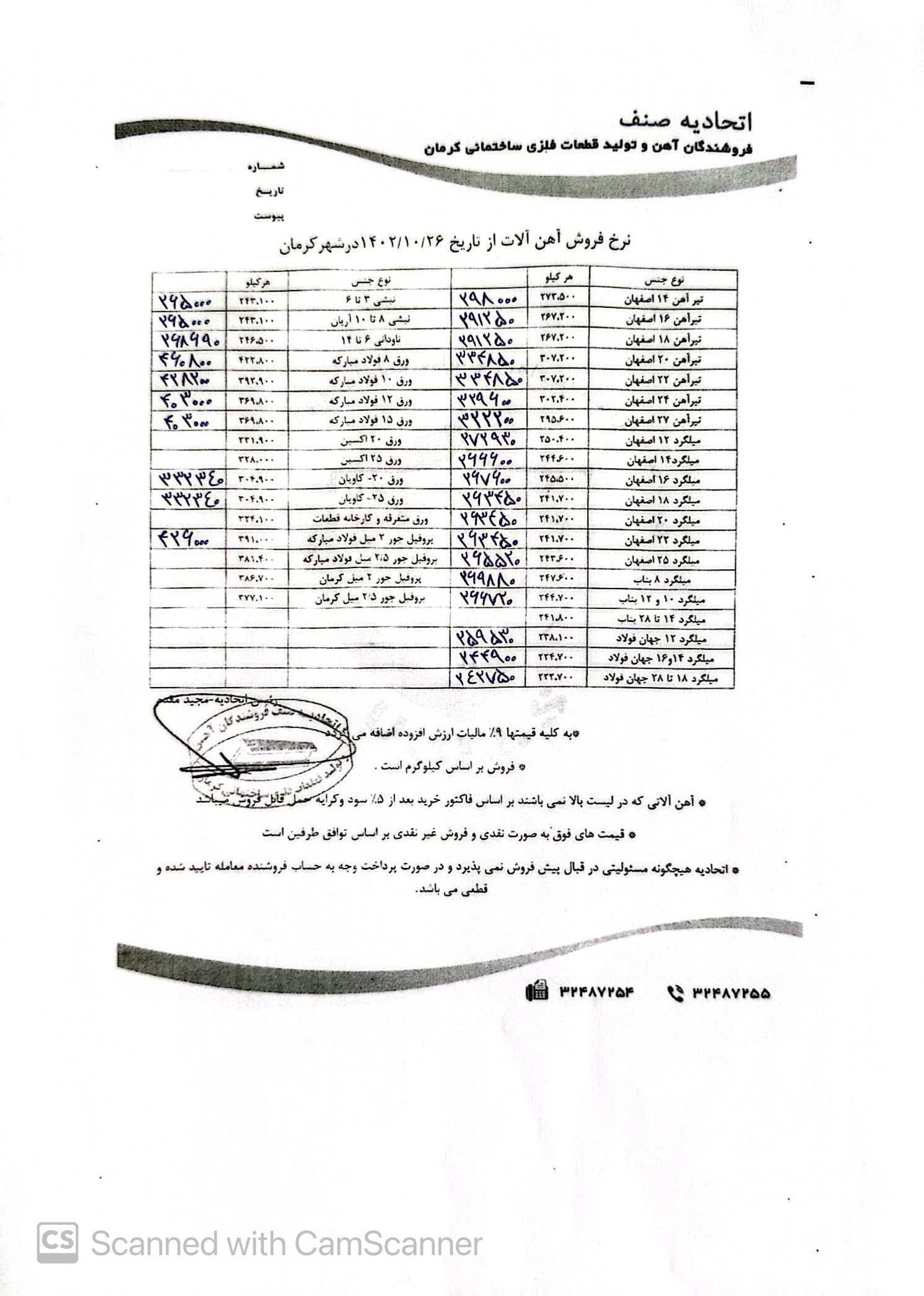 نرخنامه مورخه 1402/10/25