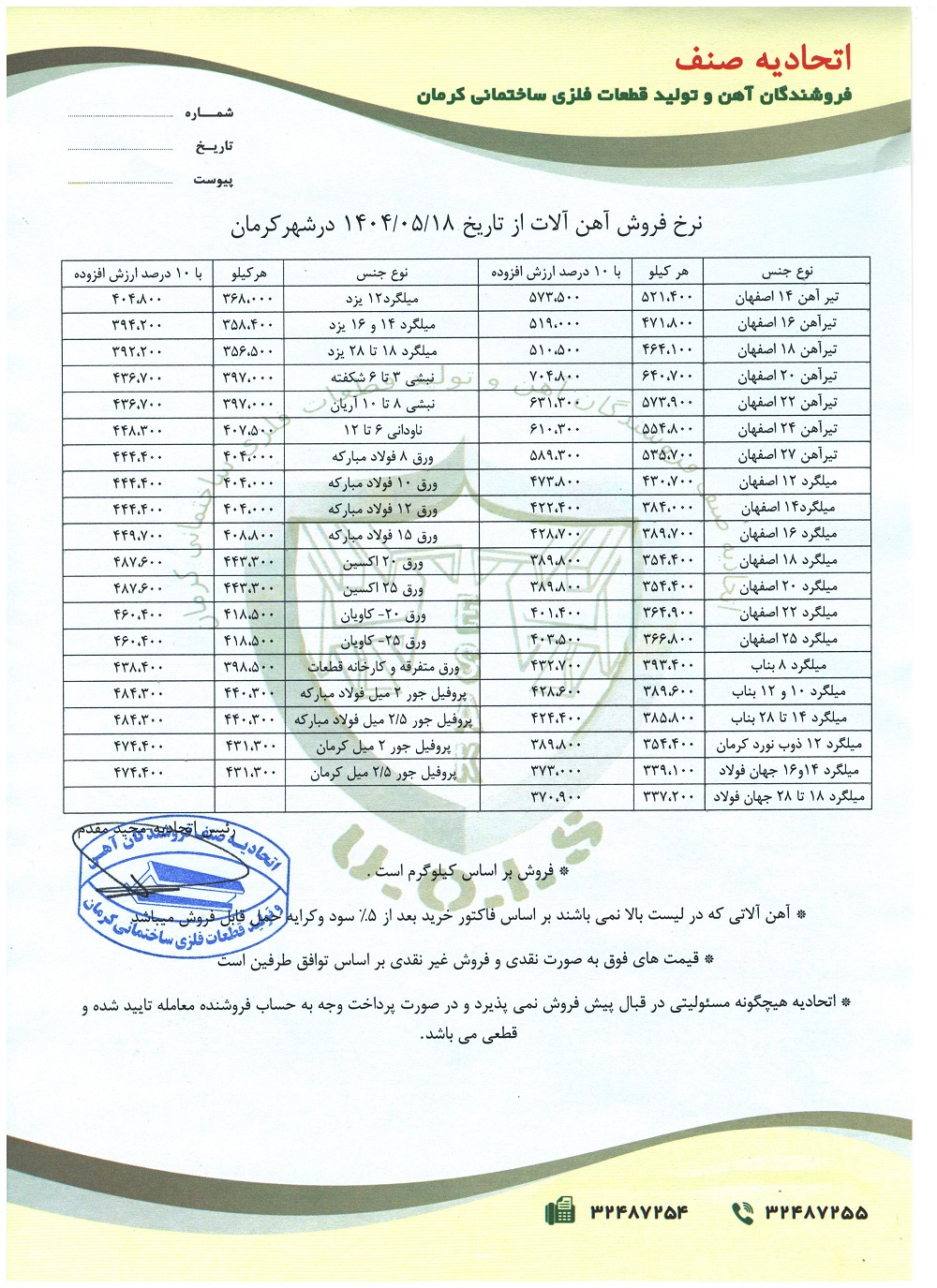 نرخنامه مورخه1404/05/18