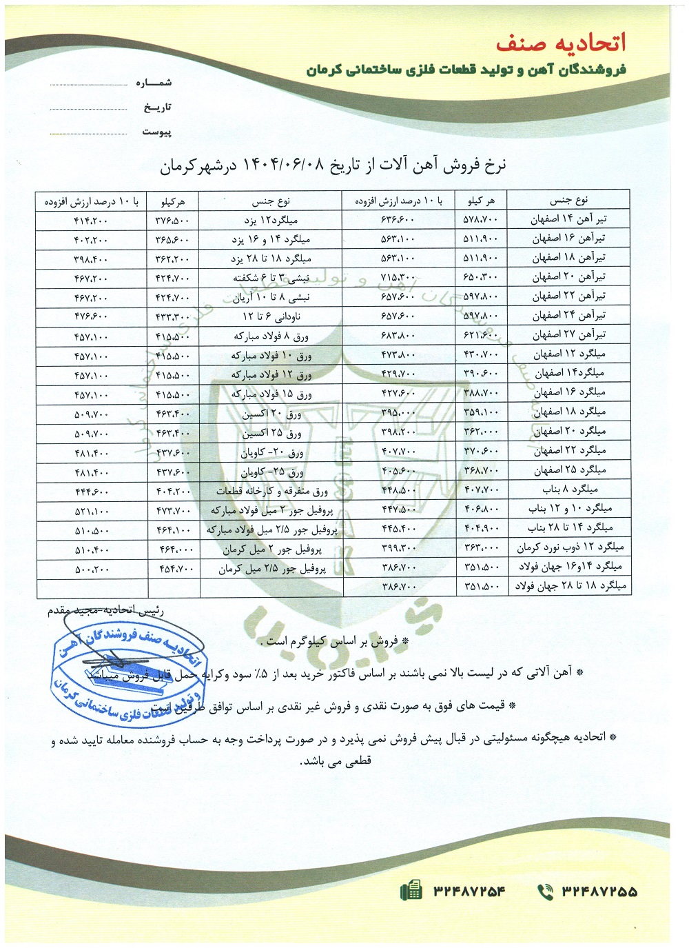 نرخنامه مورخه1404/06/08