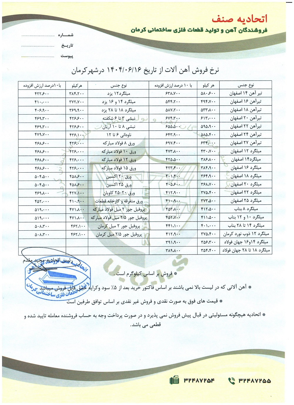 نرخنامه مورخه1404/06/16