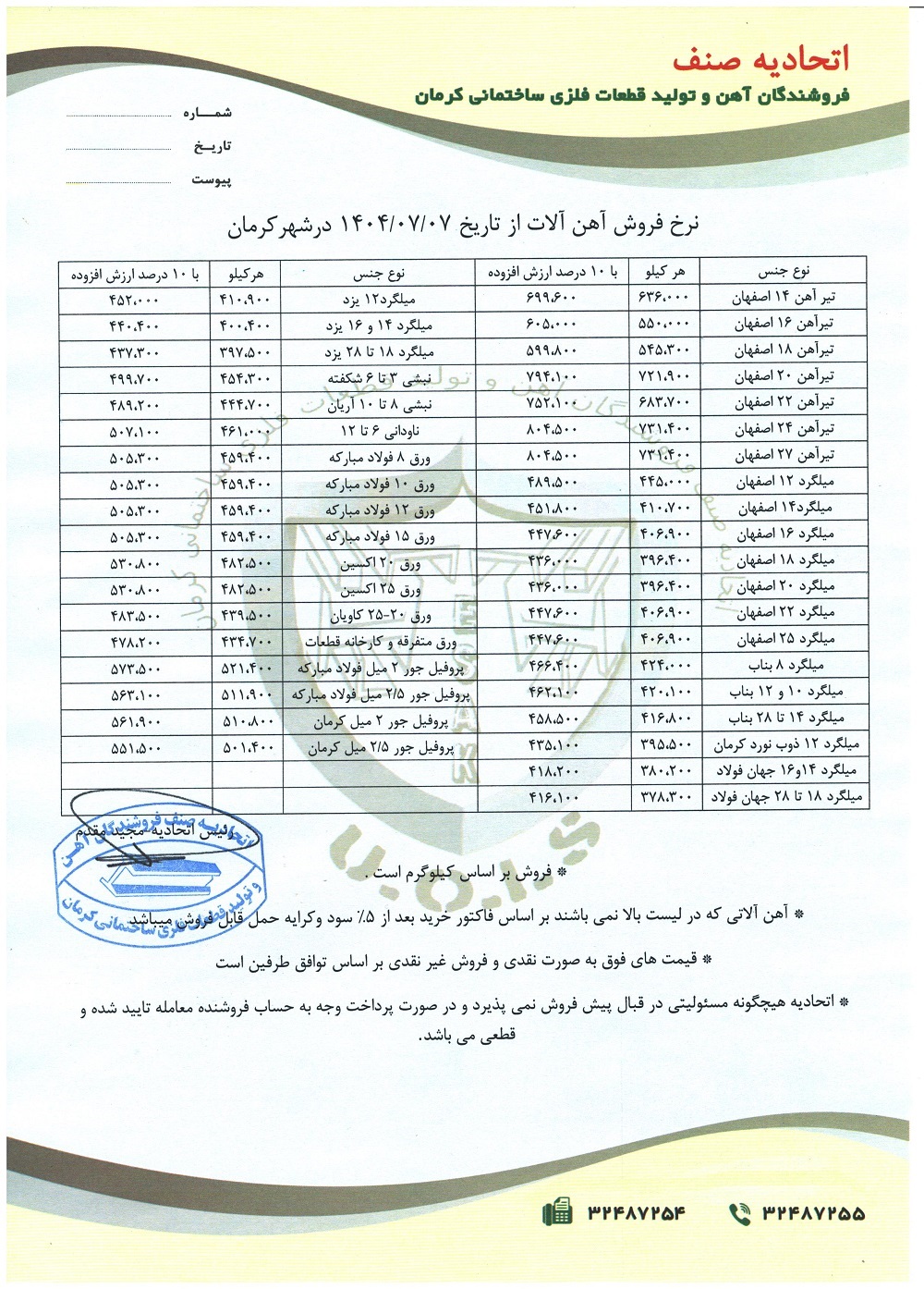نرخنامه مورخه1404/07/07