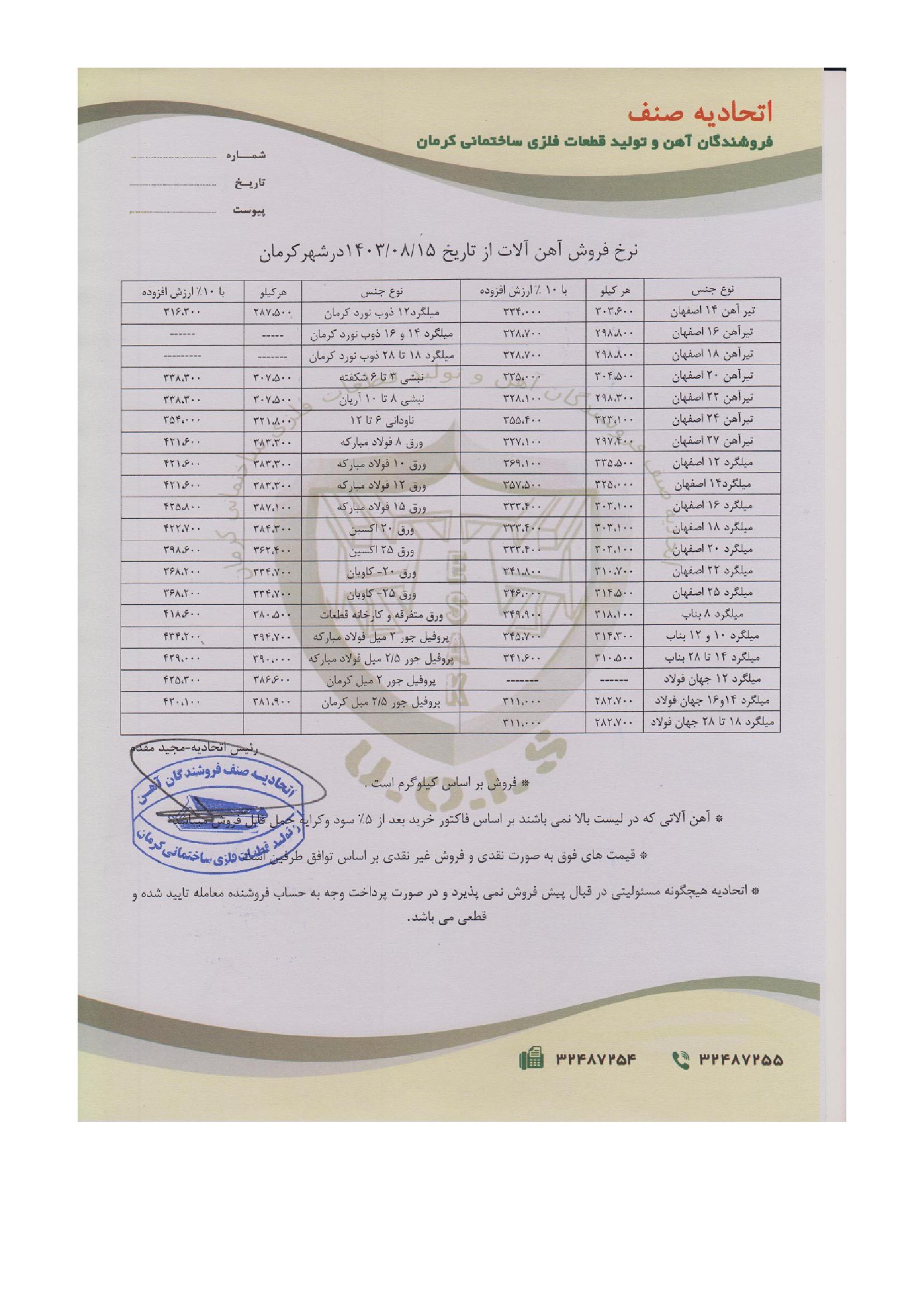 نرخنامه مورخه1403/08/15