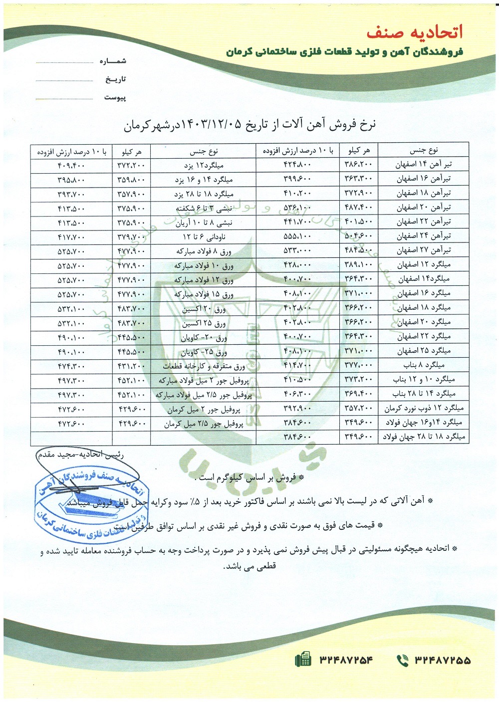 نرخنامه مورخه1403/12/05