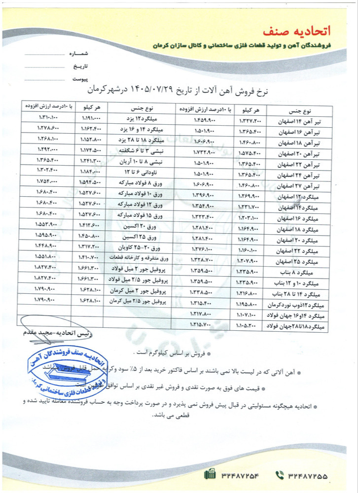 نرخنامه مورخه1405/07/29