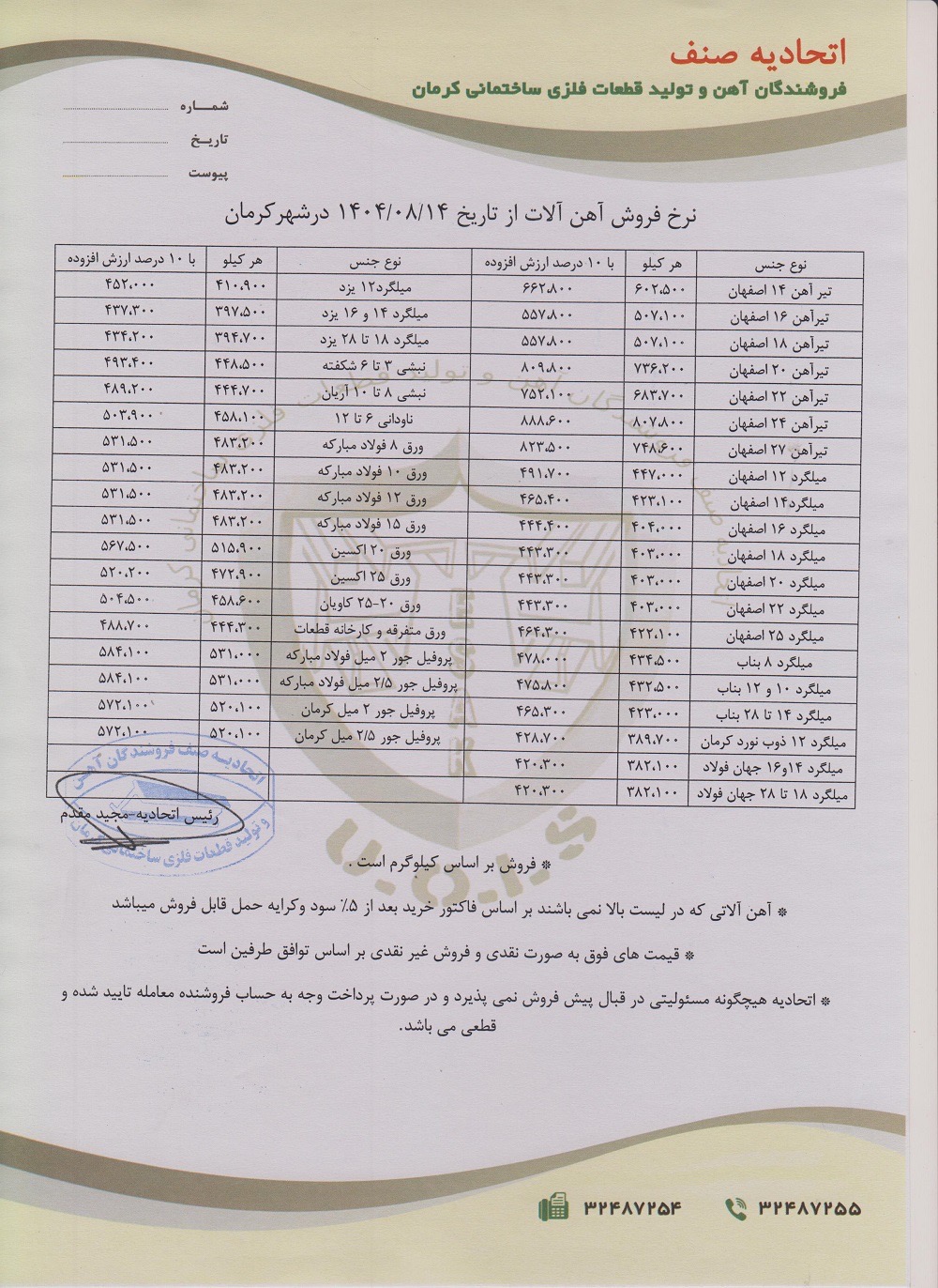 نرخنامه مورخه1404/08/14
